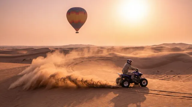 Balloon over the dunes with a quad bike below