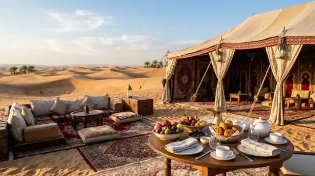 Desert camp breakfast seating at sunrise