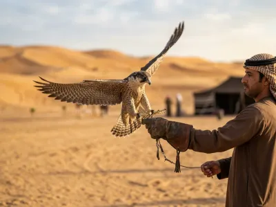 Trained falcon approaching the handler during the falconry show
