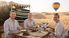 Gourmet breakfast spread laid out at the desert camp