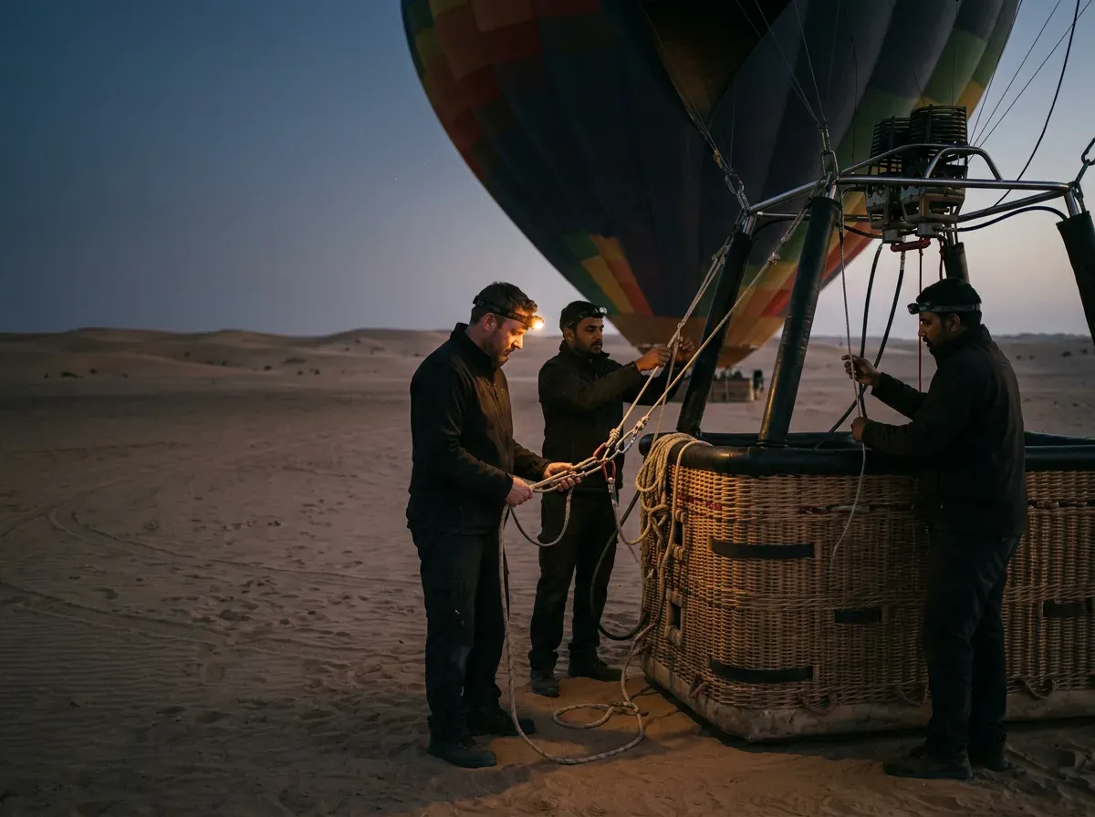 Ground crew preparing the balloon basket and rigging before dawn