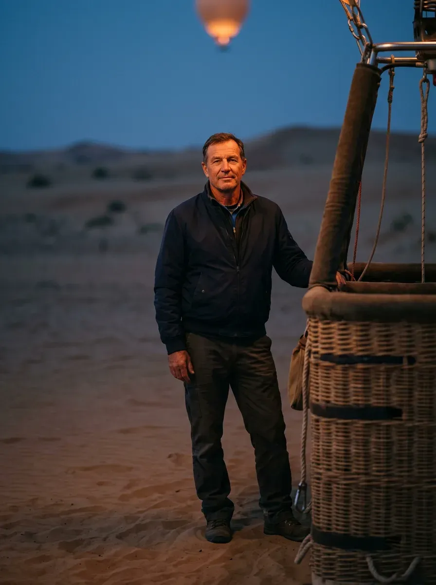 A GCAA-licensed pilot standing beside the basket with the burner lit before dawn