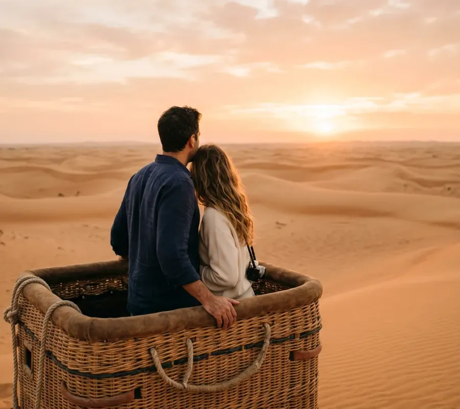 A couple alone in a hot air balloon basket over the Dubai desert at sunrise