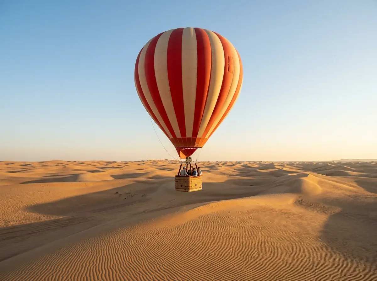 Hot air balloon drifting low over golden Dubai desert dunes at sunrise