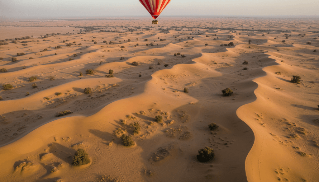 Red and white hot air balloon flying over golden