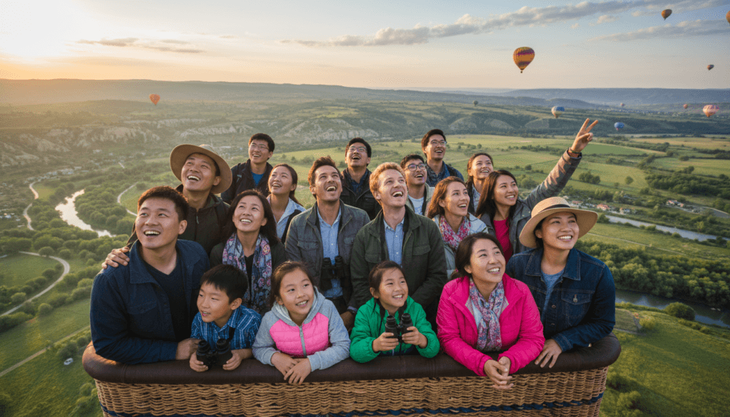 Smiling tourists in a hot air balloon basket