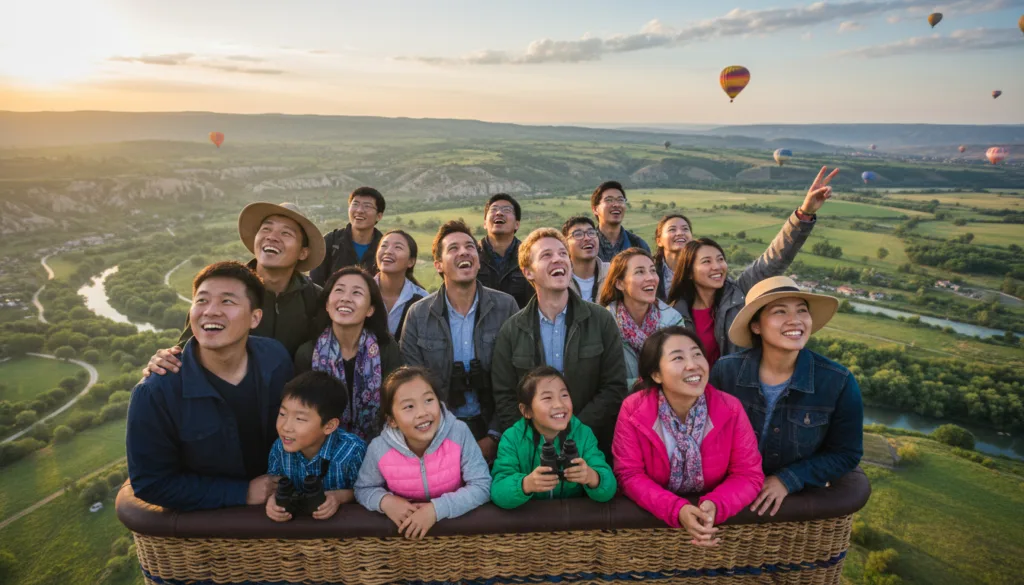 Smiling tourists in a hot air balloon basket