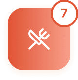 Orange dining icon with crossed knife and fork and a number