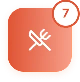 Orange dining icon with crossed knife and fork and a number