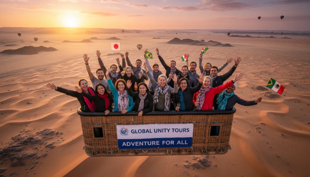 Diverse tourists cheering and waving international flags in a