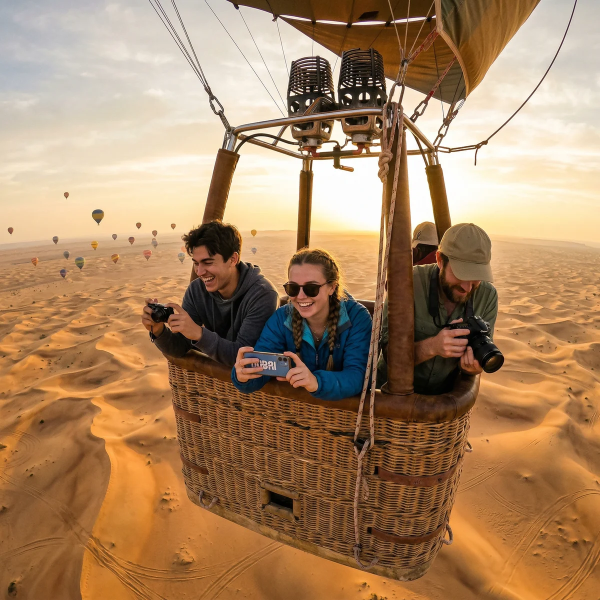 Excited tourists in hot air balloon basket over Dubai desert