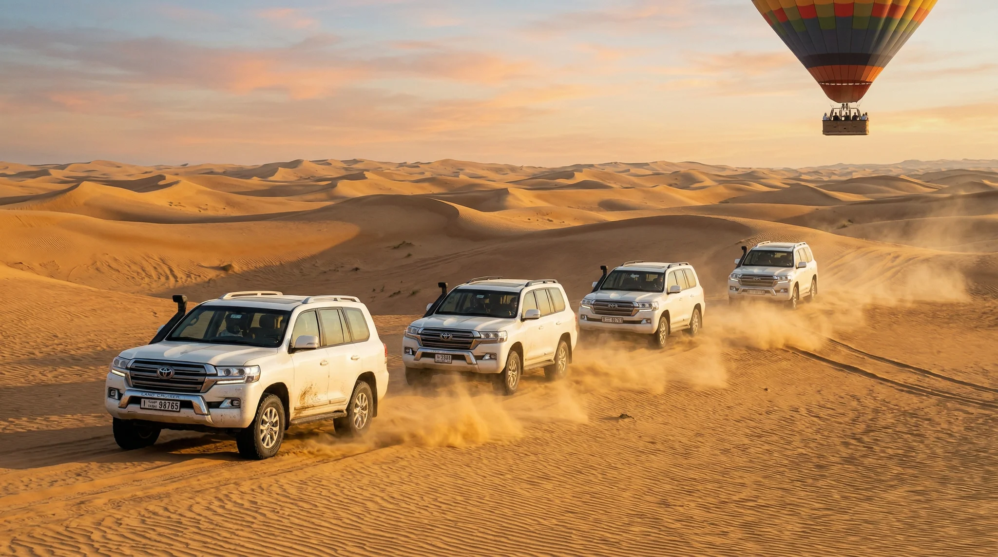 Desert safari convoy of Land Cruisers driving through Dubai dunes