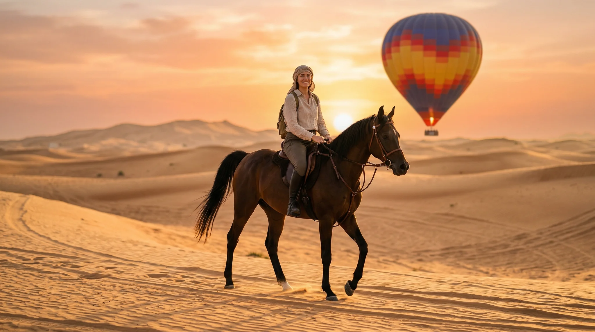 Arabian horse ride through Dubai desert dunes at sunrise with balloon