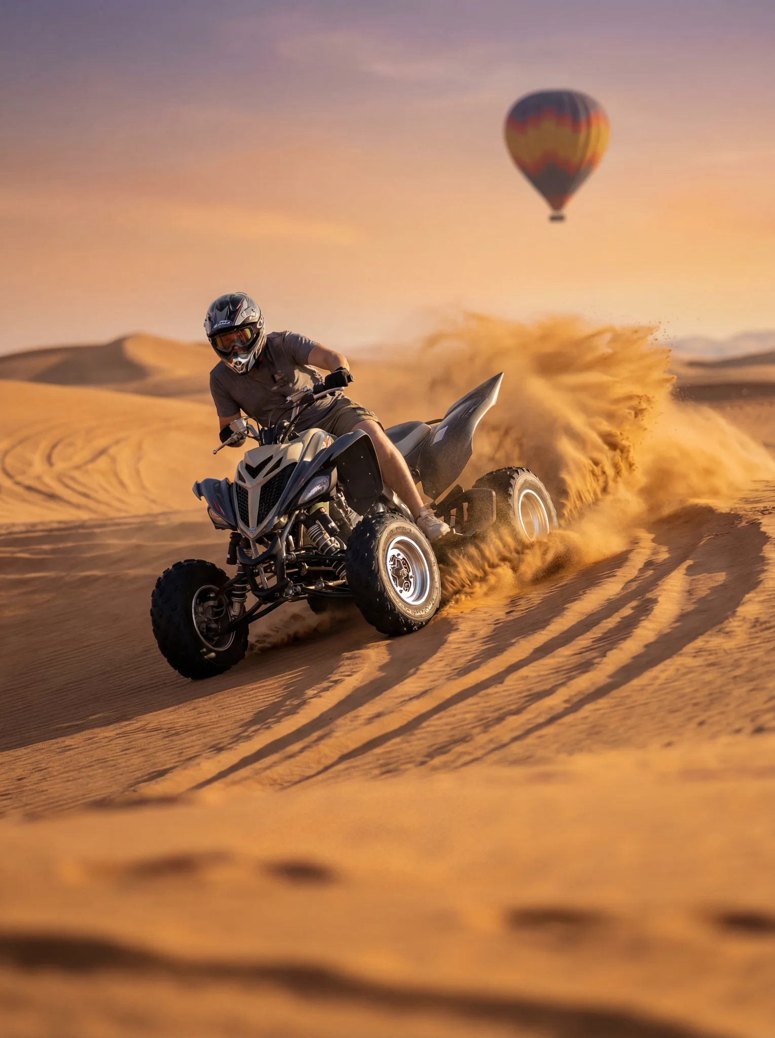 Tourist riding quad bike through Dubai desert dunes with balloon in sky