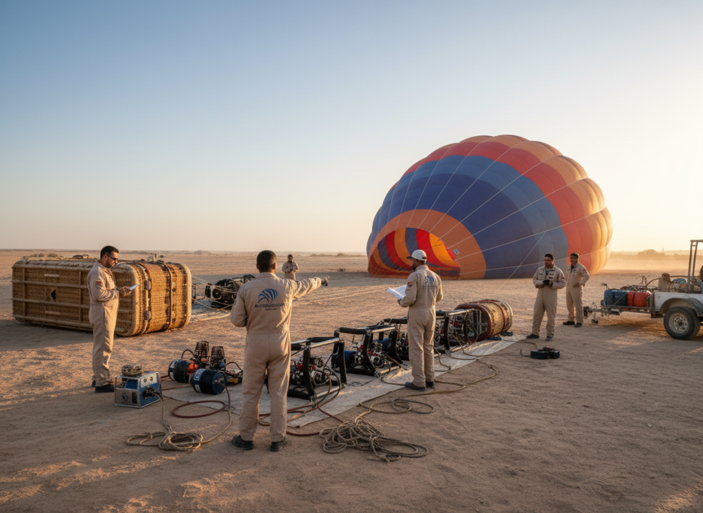 Professional crew preparing a colorful hot air balloon and basket for