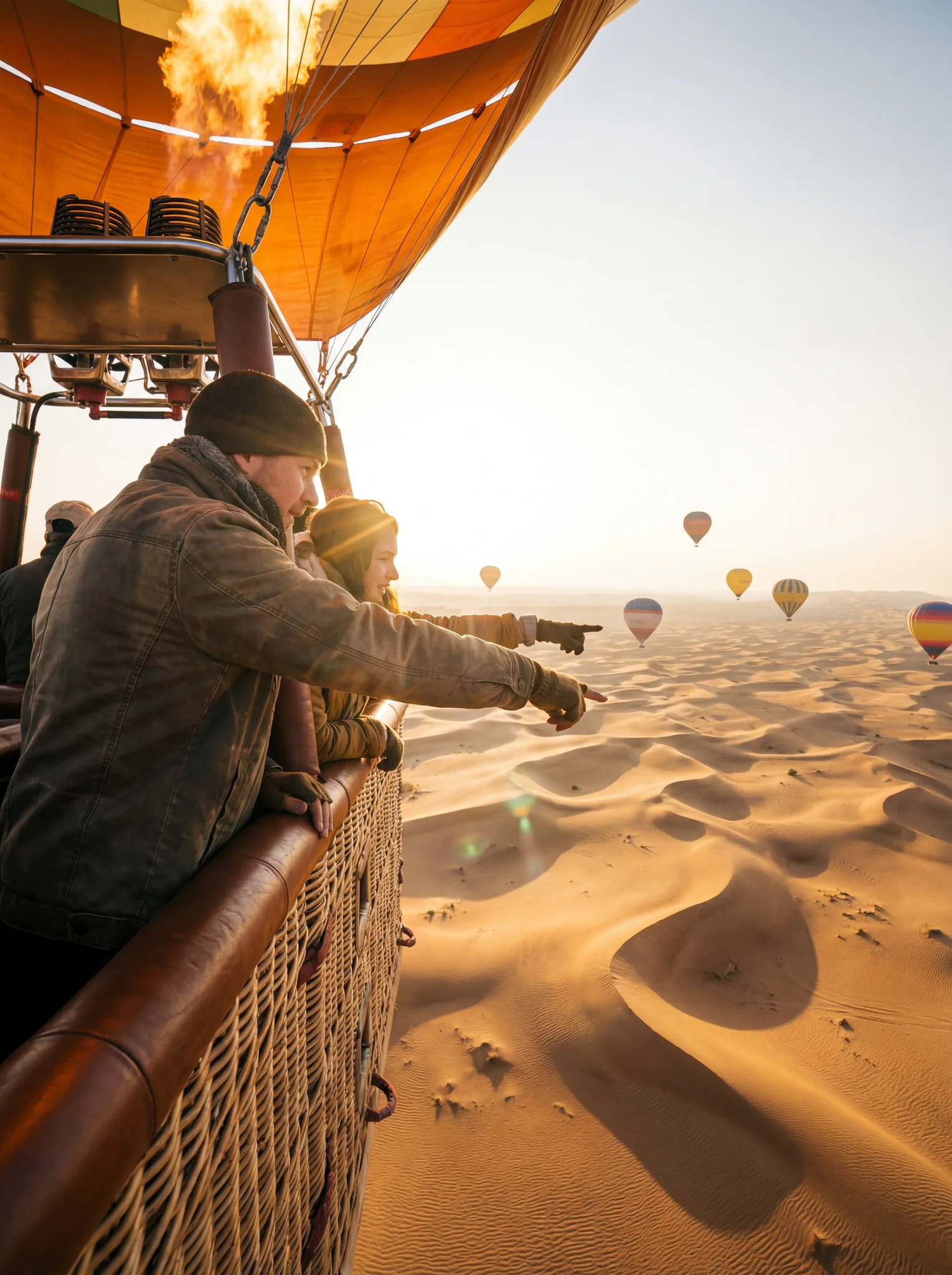 Aerial view from hot air balloon basket overlooking Dubai desert dunes at sunrise