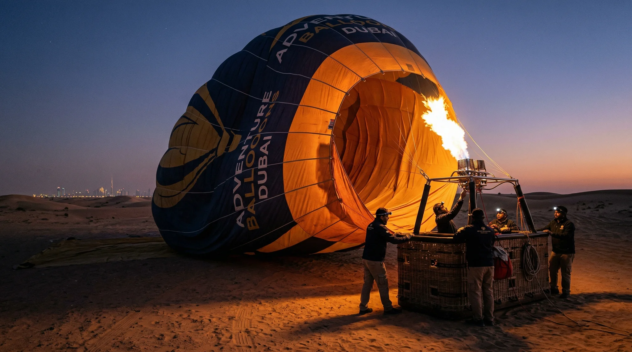 Hot air balloon inflation in Dubai desert before dawn with crew