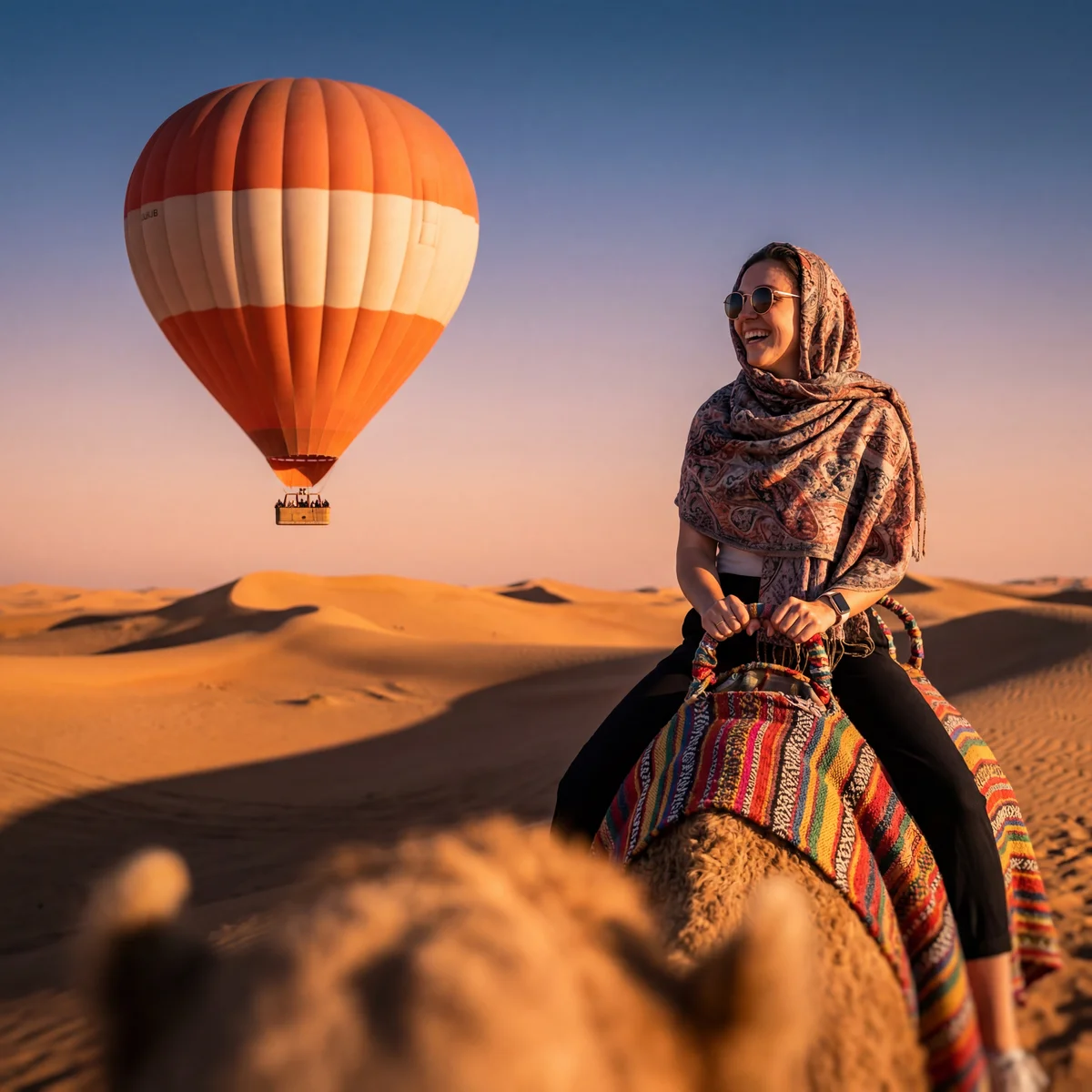 Tourist riding camel through golden Dubai desert dunes with balloon
