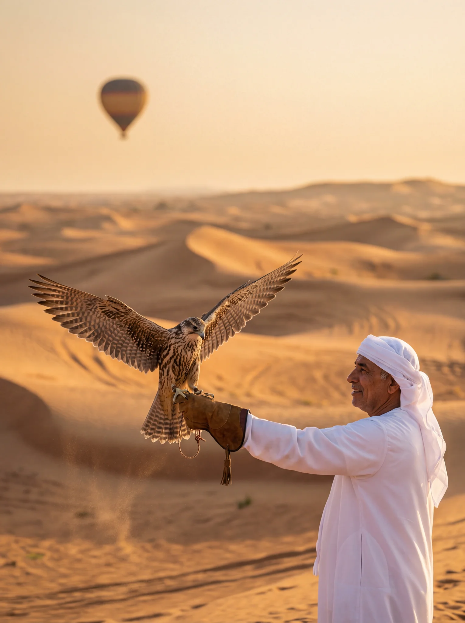 Traditional falconry show in Dubai desert with trained falcon landing on handler glove