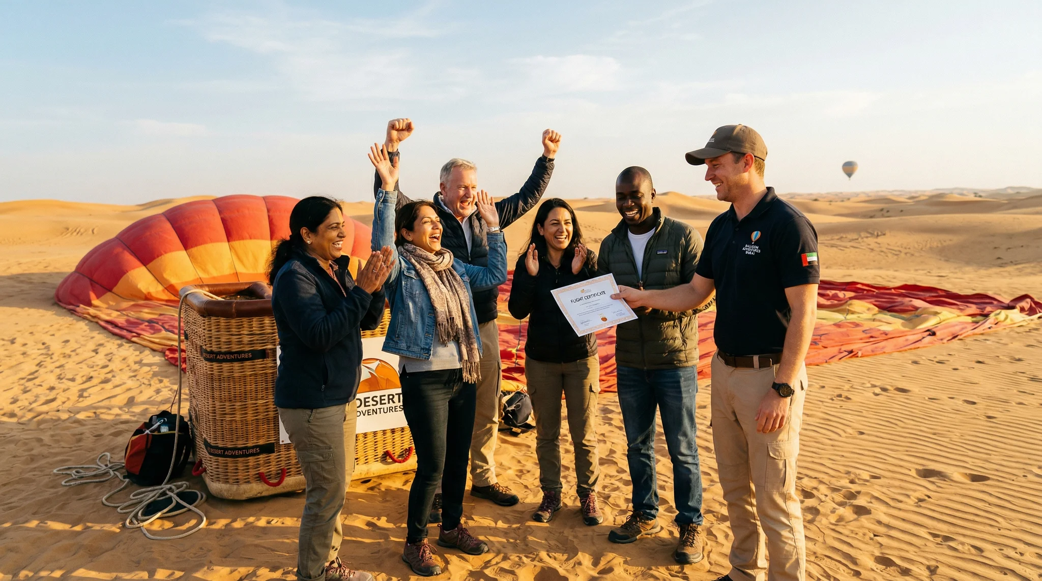 Happy tourists celebrating after balloon landing in Dubai desert