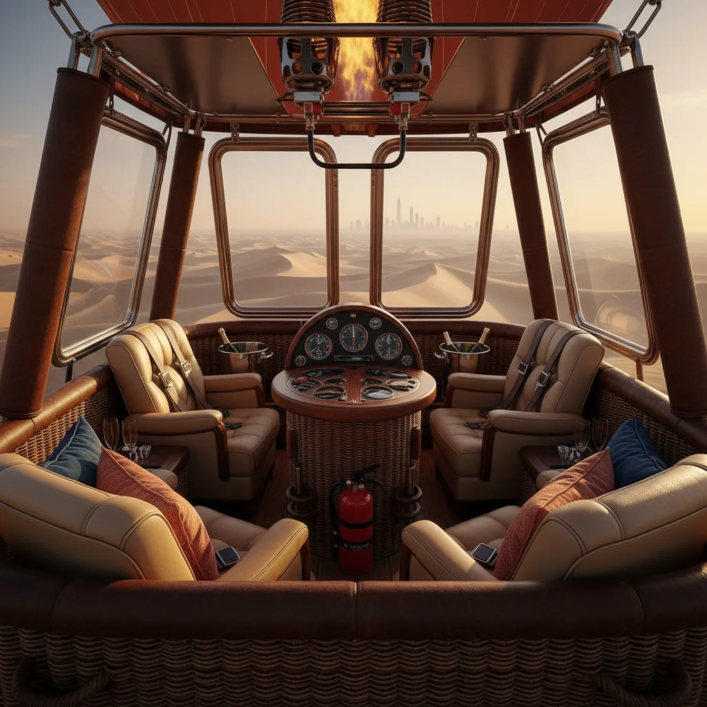 Luxury hot air balloon basket interior with plush leather