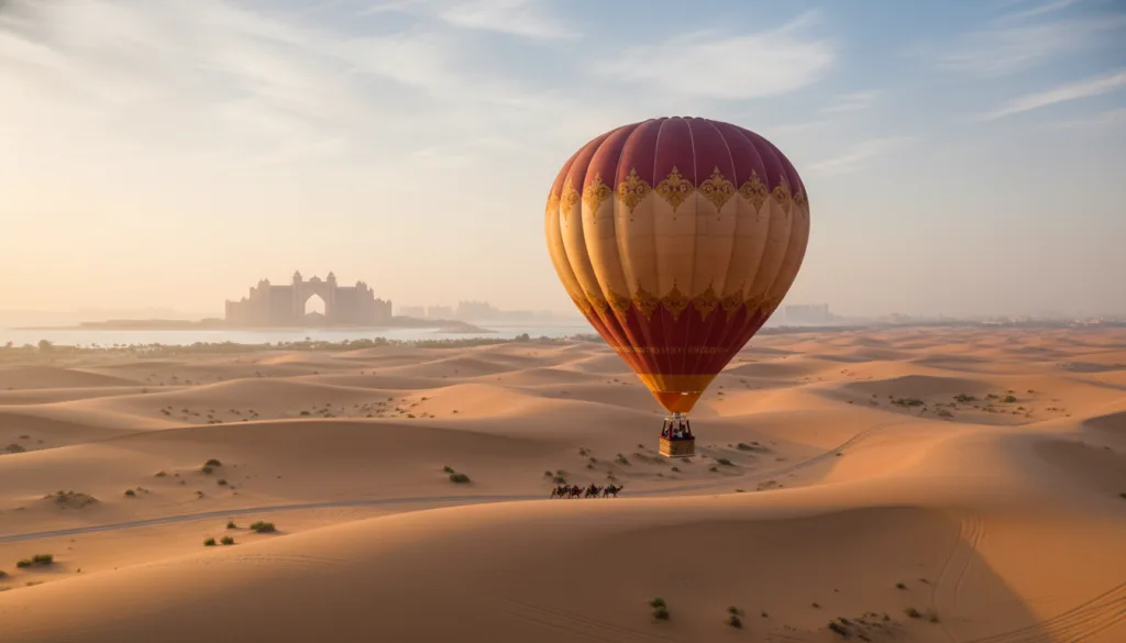 Hot air balloon flying over golden desert dunes at