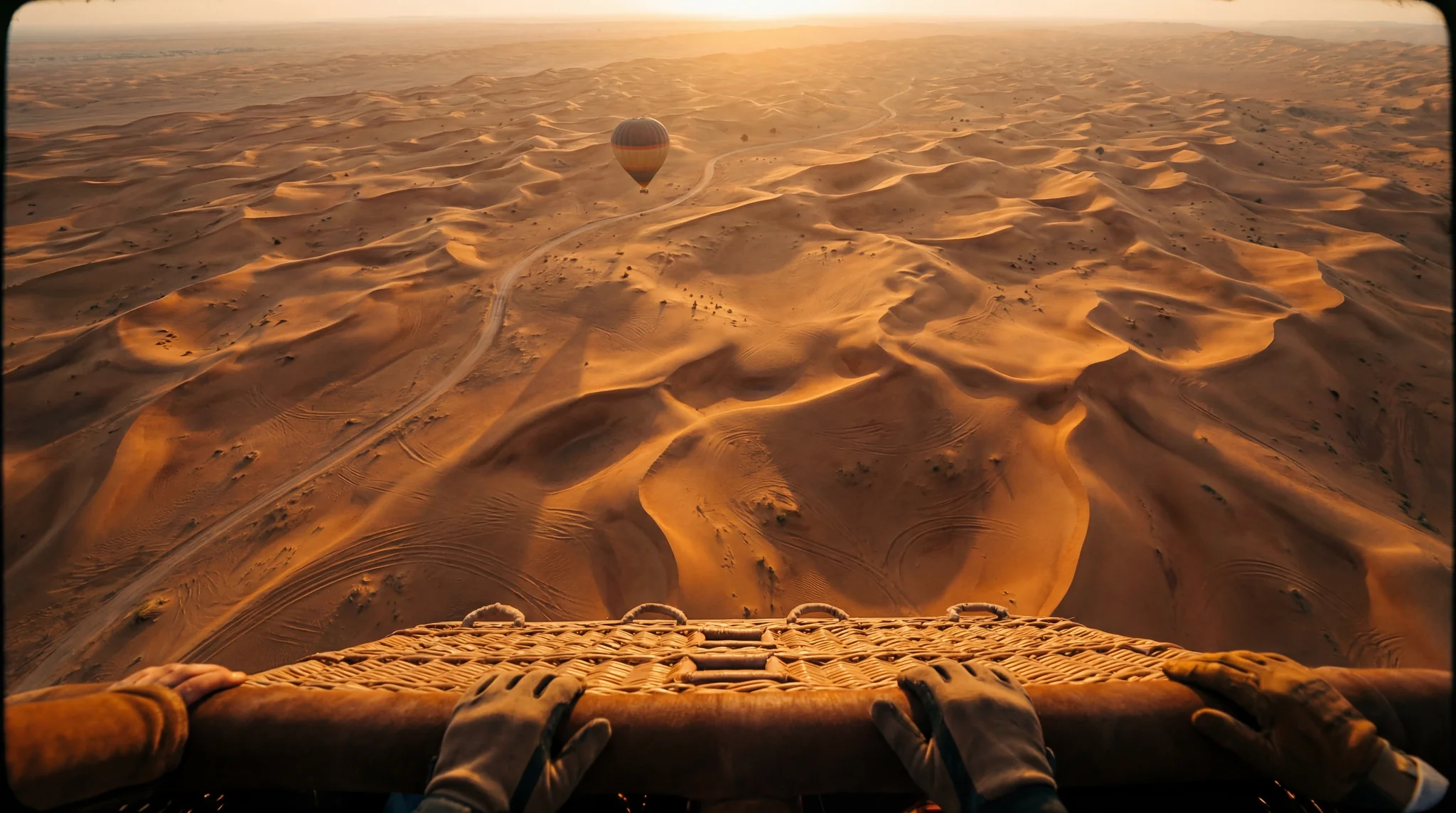 Hot air balloon flying over Dubai desert at sunrise with aerial view of golden sand dunes