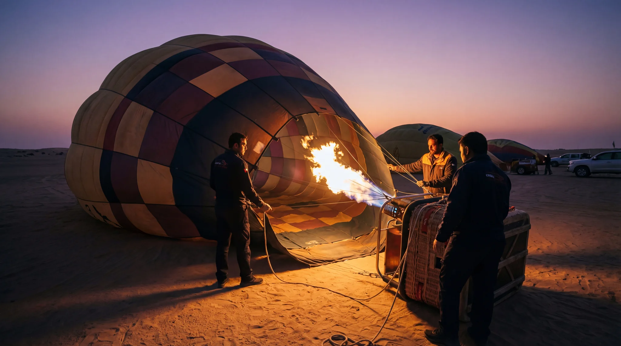 Ground crew inflating hot air balloon before dawn flight in Dubai desert