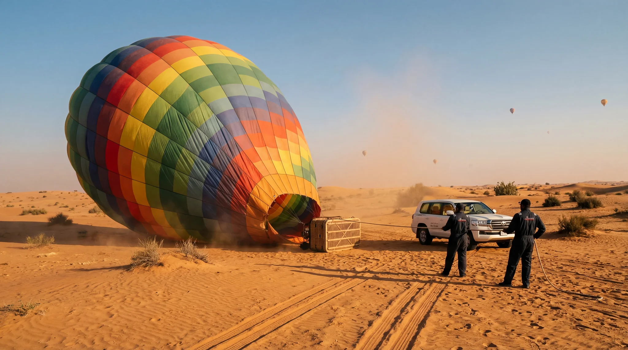 Hot air balloon landing on Dubai desert sand after morning flight