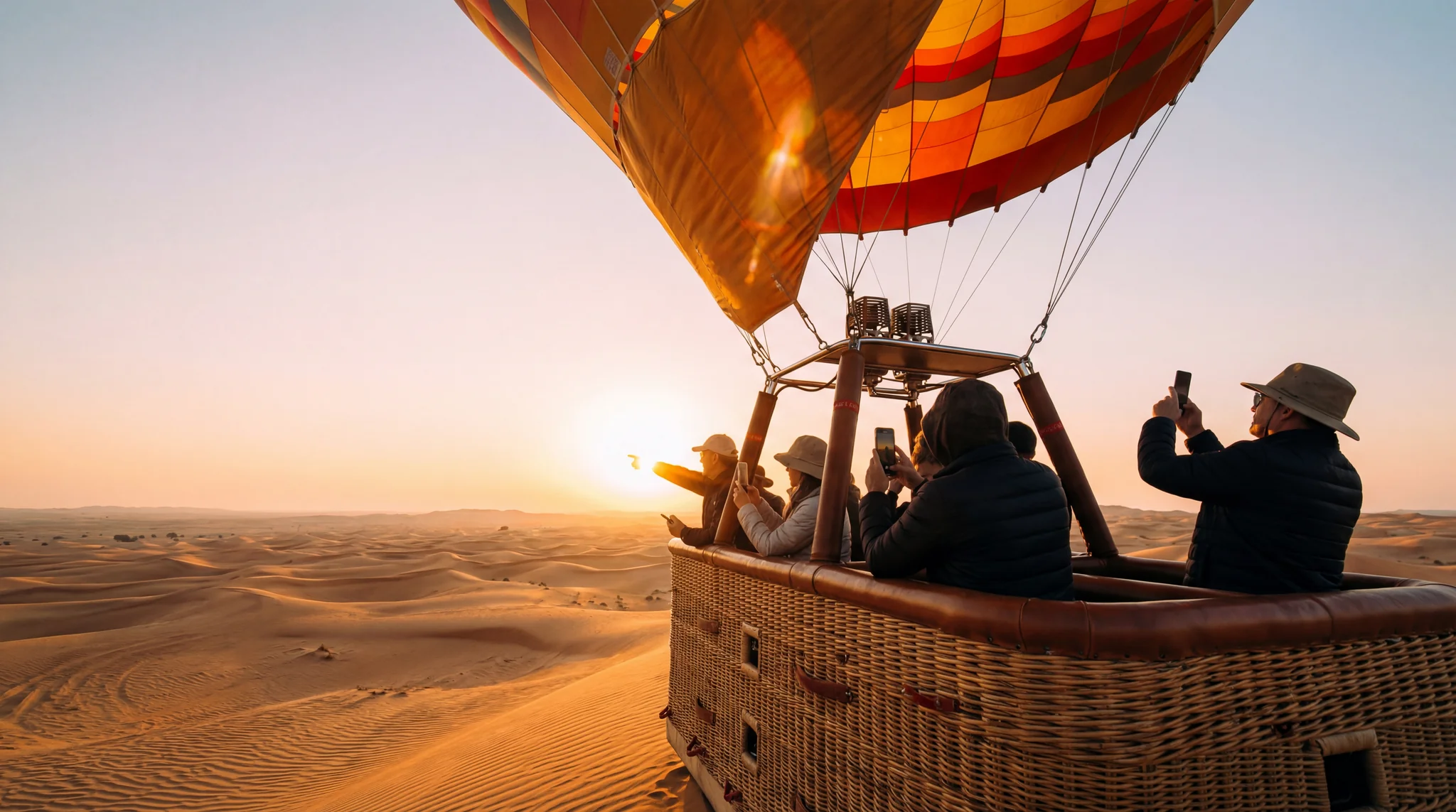 Passengers enjoying hot air balloon ride in Dubai desert with panoramic sunrise views