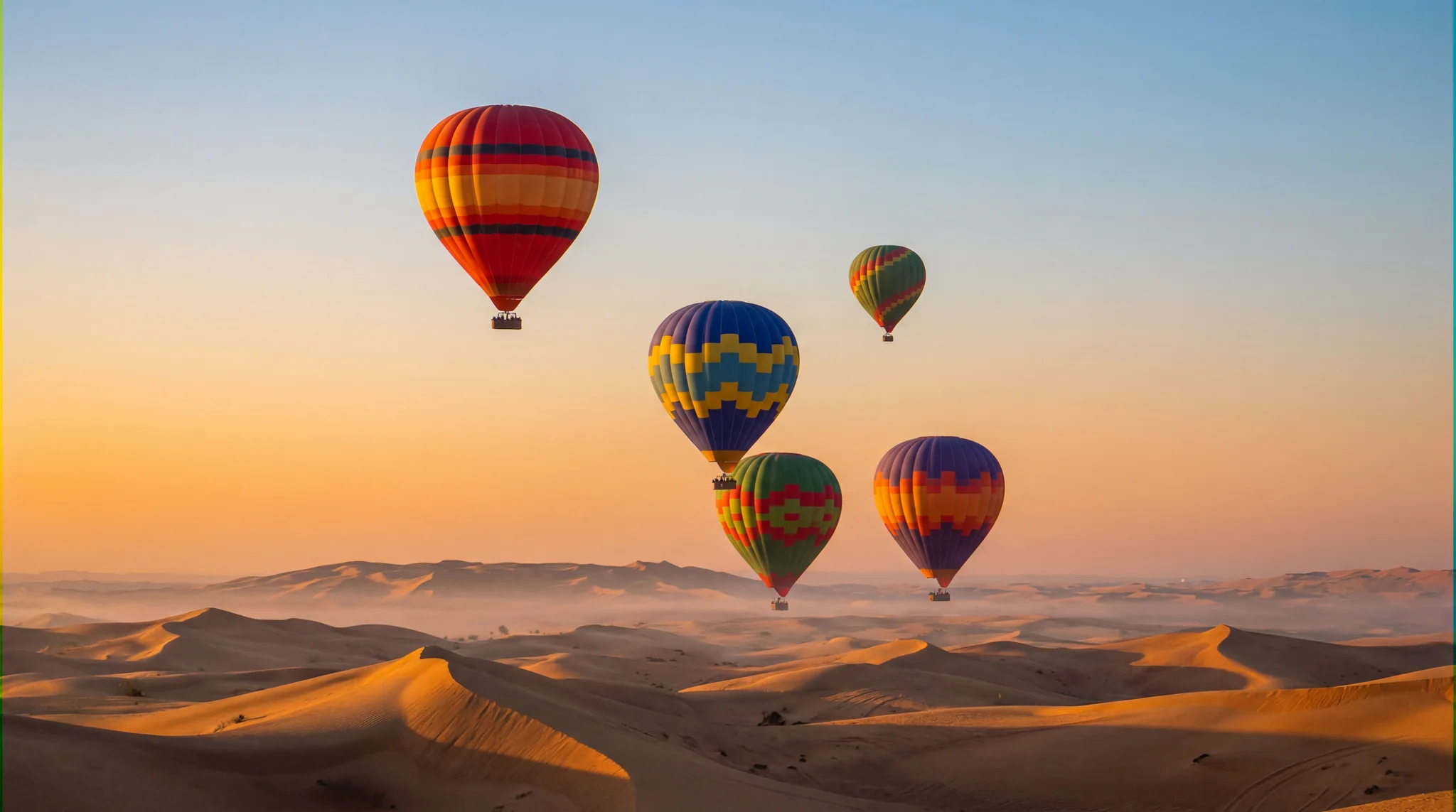 Multiple colorful hot air balloons flying over Dubai desert dunes at golden hour